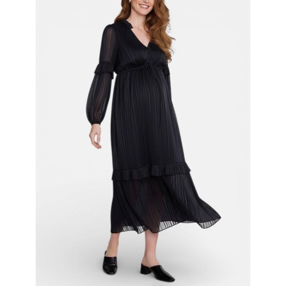 Women's V-Neck Long Sleeve Tiered Maxi Dress - Black - Size